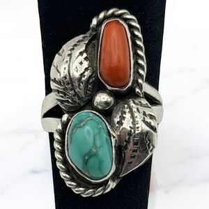 Vintage Sterling Silver Turquoise & Coral Ring Size 5 – Southwestern Artisan